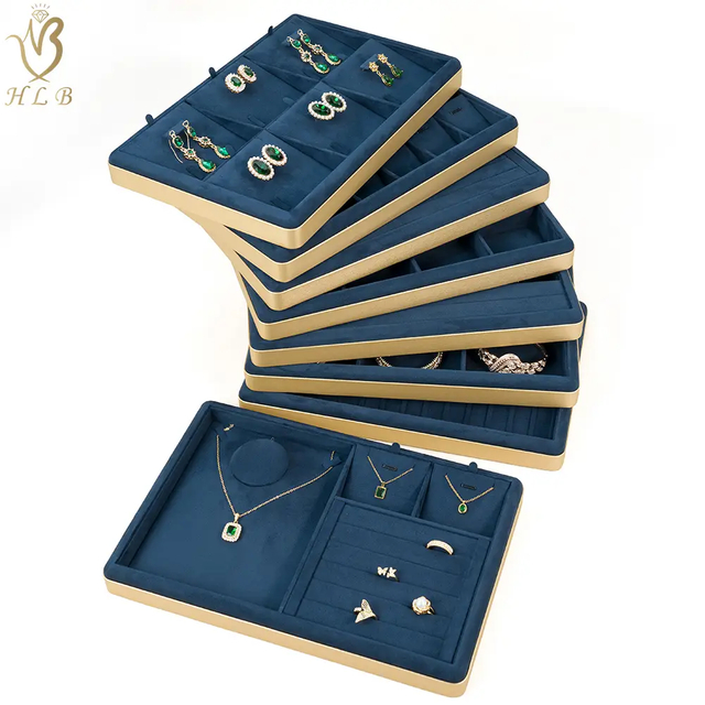 China Factory HLB ODM Faux Metallic velvet jewellery tray custom ring display tray jewelry tray velvet
